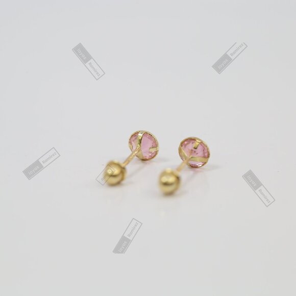 14K Solid Yellow Gold Round Pink CZ Stud Earrings • 4mm Feminine Elegant Design. - Picture 6 of 9